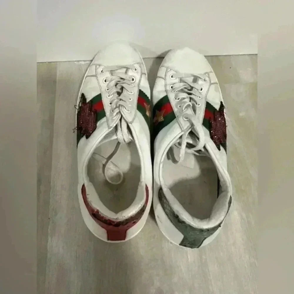 Gucci White Leather And‎ Crystal Embellished Lightning Bolt Ace Low Top Sneakers - Picture 4 of 7